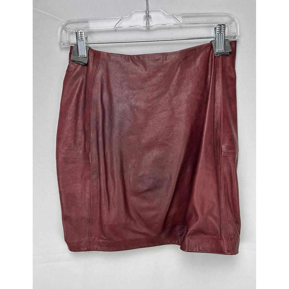 Veronica Beard Leather Zip Ruched Mini Skirt Burgundy Size 6 US - Picture 2 of 5